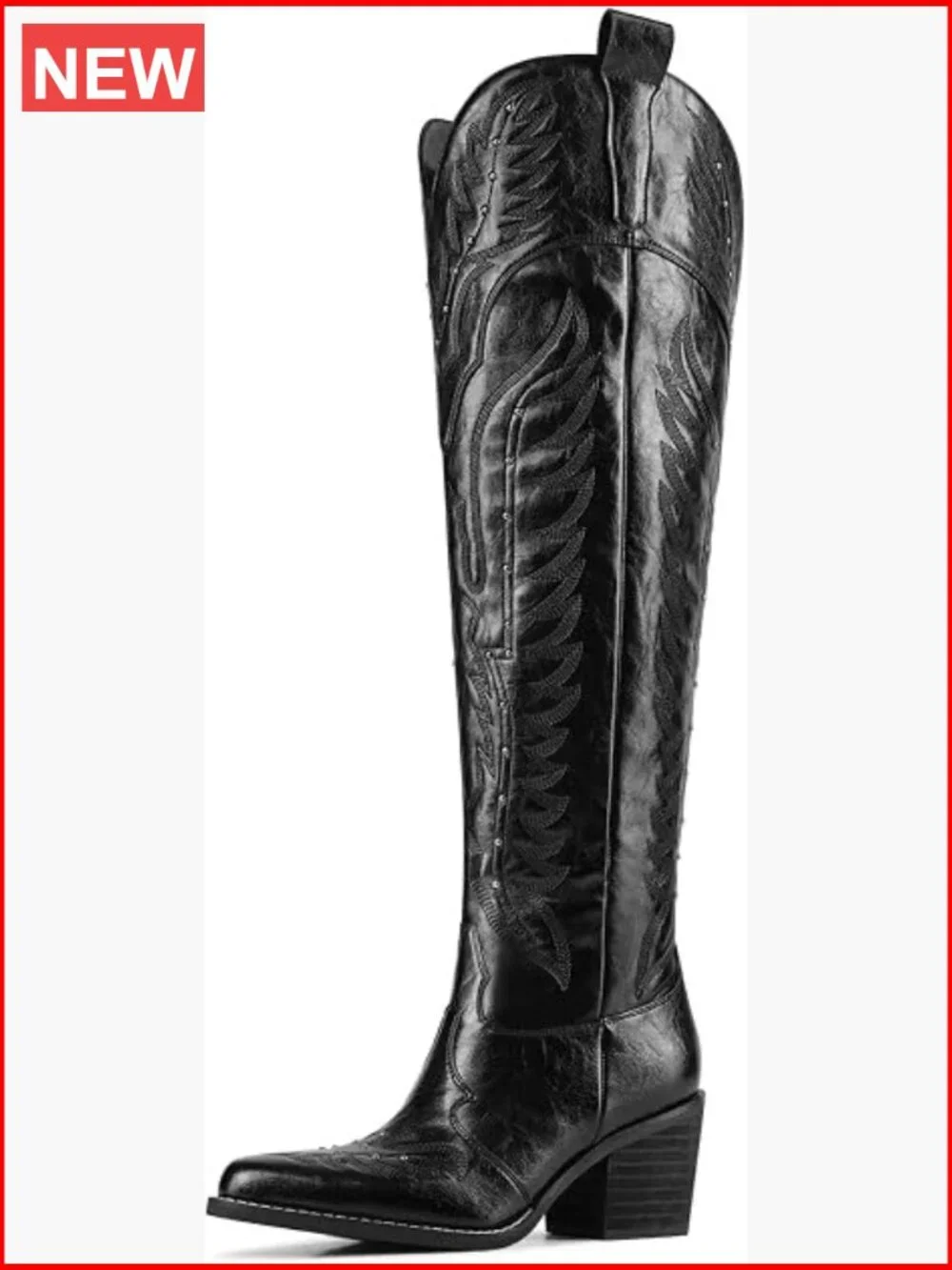 Embroidered Cowboy Boots Over the Knee Wide Calf Chunky Heel Pointed Toe